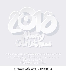 Vector snow white modern greeting card Merry Christmas 2018. Artistic set of contemporary Alphabet letters, Symbols and Numbers