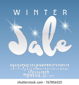 Vector snow white Winter Sale Emblem. Beautiful Alphabet Letters, Symbols and Numbers.