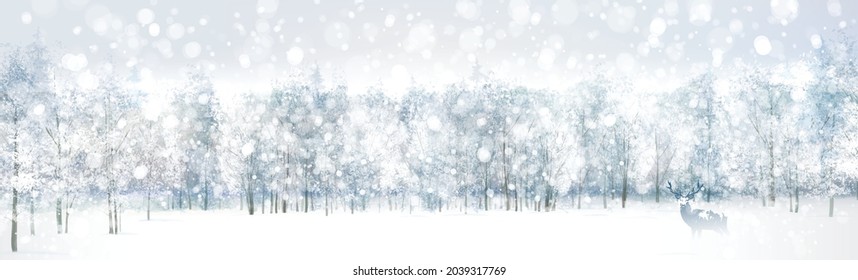 Vector  snow,  winter scene with deer and  forest background. Winter landscape.