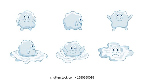 Vector snowball character with face. Winter outdoor games. Weather icons. Different different snow conditions. Snow in the cold, snow melting, water instead of snow