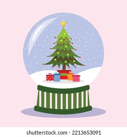 Vector bola de nieve globo con árbol de Navidad y cajas de regalo dentro. Ilustración de Año Nuevo para vacaciones.