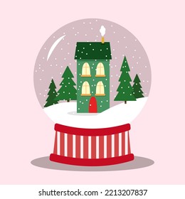 Vector snowball globe with green house inside and slowflake