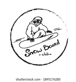 Logo des Schneeballclubs. Snowboarden mit schwarz-weißem Logo. Snowboard Lettering und Labels. Wintersport. Extrim sport. Snowboarder unterwegs.