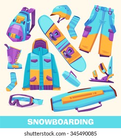 Vector snowboarding elements, clothes and tools  isolated on white background. Winter sport equipment. Flat vector stock illustration.