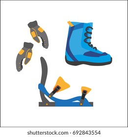 vector snowboarding equipment set - boots with bindings gloves flat icon. Isolated illustration on a white background. Snowboard, ski winter activity equipment, tools object design.