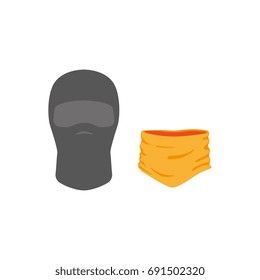 vector snowboarding mask balaclava , scarf flat icon. Isolated illustration on a white background. Snowboard, ski winter activity equipment, tools object design.