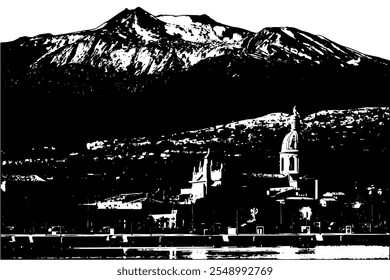 Vector snow-capped Etna volcano, with the town of Riposto and its port in the foreground