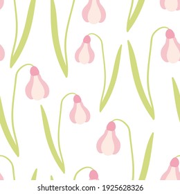 Vector snowdrop flower seamless pattern. Hand drawn botanical seamless pattern. Pink snowdrop with green leaf on white background. Textile, wrapping paper, wallpaper, fashion textures.