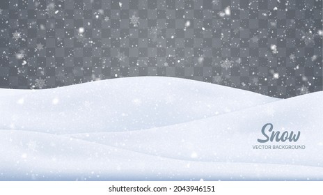 Vector snowfall isolated. Winter background. Snow overlay. Snowflakes, ice and snow landscape.