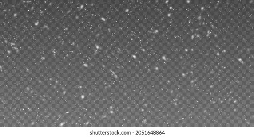 Vector snowfall isolated. Winter background. Snow overlay illustration. Snowflakes and ice.