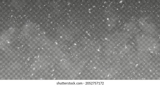 Vector snowfall isolated. Winter background. Snow overlay illustration. Snowflakes and ice.