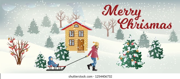 Vector snowfall landscape with mom, pulling sledges with her son, wooden house and smoke from its pipe, chrismas tree, bush with red berries, inscription Merry christmas. Christmas background.