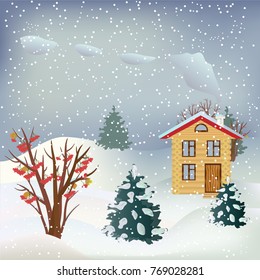 Vector snowfall landscape with wooden house and smoke from its pipe, winter trees, fir-trees, bush with red berries. Christmas background
