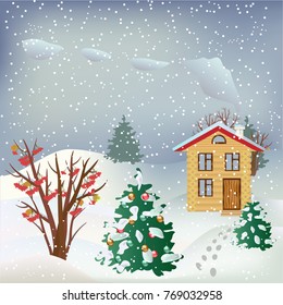 Vector snowfall landscape with wooden house and smoke from its pipe, chrismas tree, winter trees, fir-trees, bush with red berries and the traces conducting to the house. Christmas background