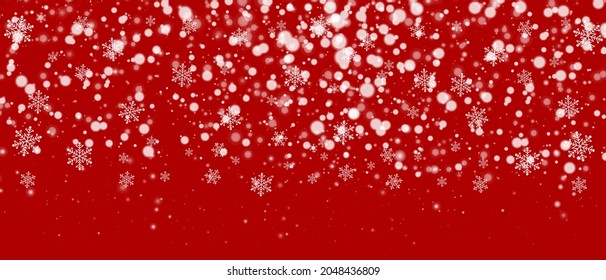 Vector snowfall on red background, snowflakes in different shapes, Christmas concept.