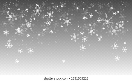 Vector snowfall, seamless realistic falling snow, snowflakes in different shapes and forms, winter weather, Christmas background. 