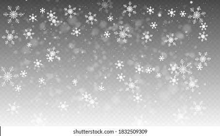 Vector snowfall, seamless realistic falling snow, snowflakes in different shapes and forms, winter weather, Christmas background. 