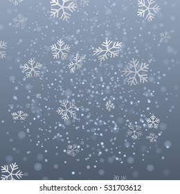 Vector snowfall and snowflakes randomly flying in the air. Winter elements on blue.