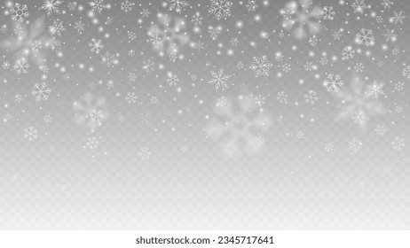 Nevada vectorial de copos de nieve y copos de nieve de diferentes formas y tamaños sobre un fondo transparente.