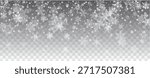 Vector snowfall, snowflakes of various shapes. Many white cold flaky elements on transparent background. White falling fly in the air