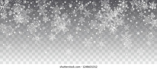 Vector snowfall, snowflakes of various shapes. Many white cold flaky elements on transparent background. White falling fly in the air.