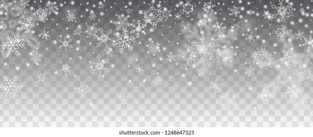 Vector snowfall, snowflakes of various shapes. Many white cold flaky elements on transparent background. White falling fly in the air.