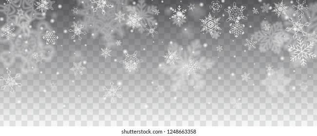 Vector snowfall, snowflakes of various shapes. Many white cold flaky elements on transparent background. White falling fly in the air.