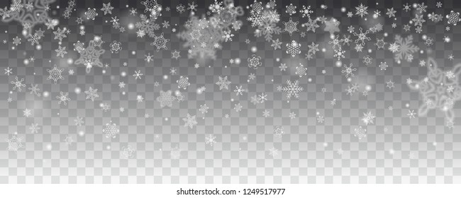 Vector snowfall, snowflakes of various shapes. Many white cold flaky elements on transparent background. White falling fly in the air.