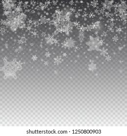 Vector snowfall, snowflakes of various shapes. Many white cold flaky elements on transparent background. White falling fly in the air.