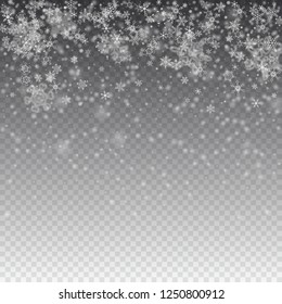 Vector snowfall, snowflakes of various shapes. Many white cold flaky elements on transparent background. White falling fly in the air.