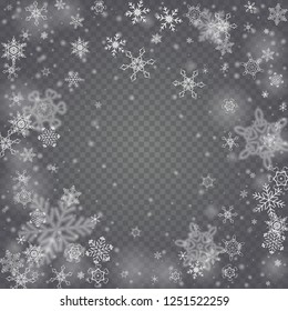 Vector snowfall, snowflakes of various shapes. Many white cold flaky elements on transparent background. White falling fly in the air.