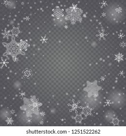 Vector snowfall, snowflakes of various shapes. Many white cold flaky elements on transparent background. White falling fly in the air.