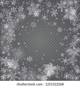 Vector snowfall, snowflakes of various shapes. Many white cold flaky elements on transparent background. White falling fly in the air.