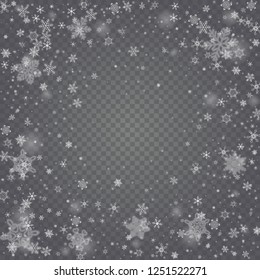 Vector snowfall, snowflakes of various shapes. Many white cold flaky elements on transparent background. White falling fly in the air.