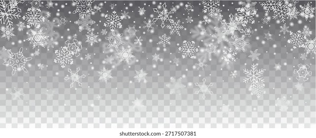 Vector nevadas, copos de nieve de varias Formas. Muchos Elementos escamosos fríos blancos sobre fondo transparente. Mosca blanca que cae en el aire
