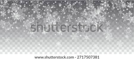 Vector snowfall, snowflakes of various shapes. Many white cold flaky elements on transparent background. White falling fly in the air
