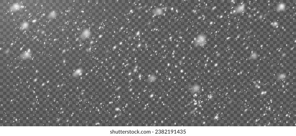 Vector snowfall: Various white snowflakes on transparent background. Falling snow elements in different shapes and sizes.