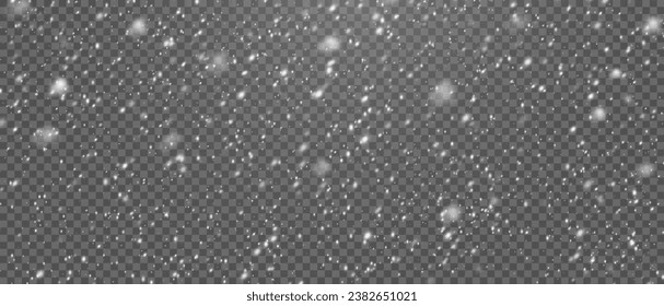 Vector snowfall: Various white snowflakes on transparent background. Falling snow elements in different shapes and sizes.