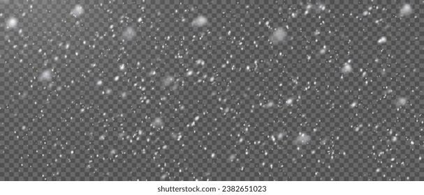 Vector snowfall: Various white snowflakes on transparent background. Falling snow elements in different shapes and sizes.