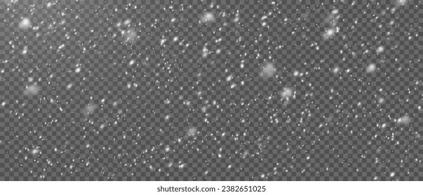 Vector snowfall: Various white snowflakes on transparent background. Falling snow elements in different shapes and sizes.