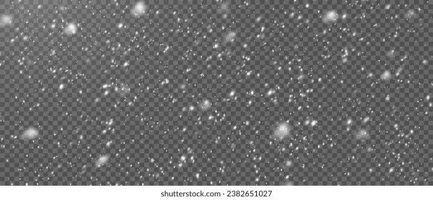 Vector snowfall: Various white snowflakes on transparent background. Falling snow elements in different shapes and sizes.