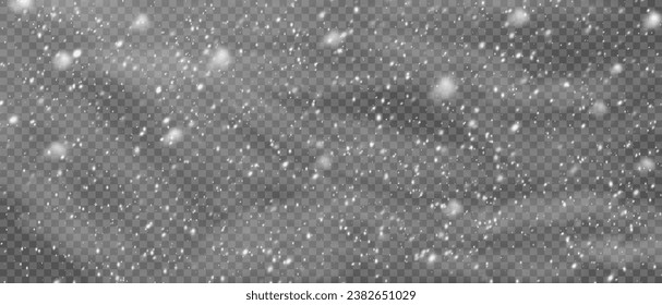 Vector snowfall: Various white snowflakes on transparent background. Falling snow elements in different shapes and sizes.