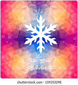 Vector snowflake. Abstract snowflake on geometric pattern. Snowflake sign. Christmas. New Year card illustration.Holiday design. Winter Backdrop. Retro pattern of geometric shapes. Hipster background