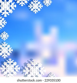 Vector snowflake. Abstract snowflake on geometric pattern. Snowflake sign. Christmas. New Year card illustration.Holiday design. Winter Backdrop. Retro pattern of geometric shapes.  