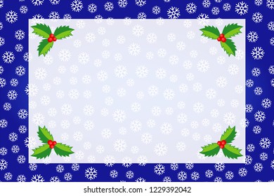 Vector snowflake background with semi-transparent white frame for text and mistletoe plants. Christmas / New Year invitation or tag template. 