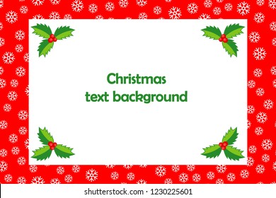 Vector snowflake background with white frame for text and mistletoe plants. Christmas / New Year invitation or tag template. 