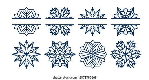 Vector snowflake border and whole shapes. Collection of split snow flakes frames for New Year cards design or Christmas balls