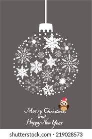 vector snowflake Christmas tree ball with owl in Santa hat Christmas and New Years card