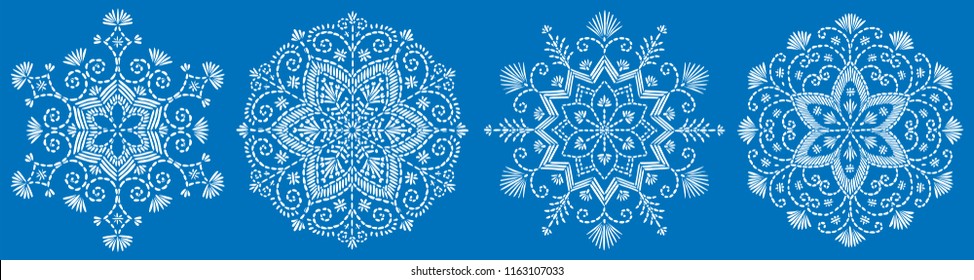 Vector snowflake embroidery set. Pattern for Christmas or New Year decoration. Background illustration for greeting card, banner and other holiday media.