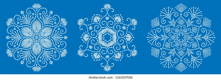 Vector snowflake embroidery set. Pattern for Christmas or New Year decoration. Background illustration for greeting card, banner and other holiday media.